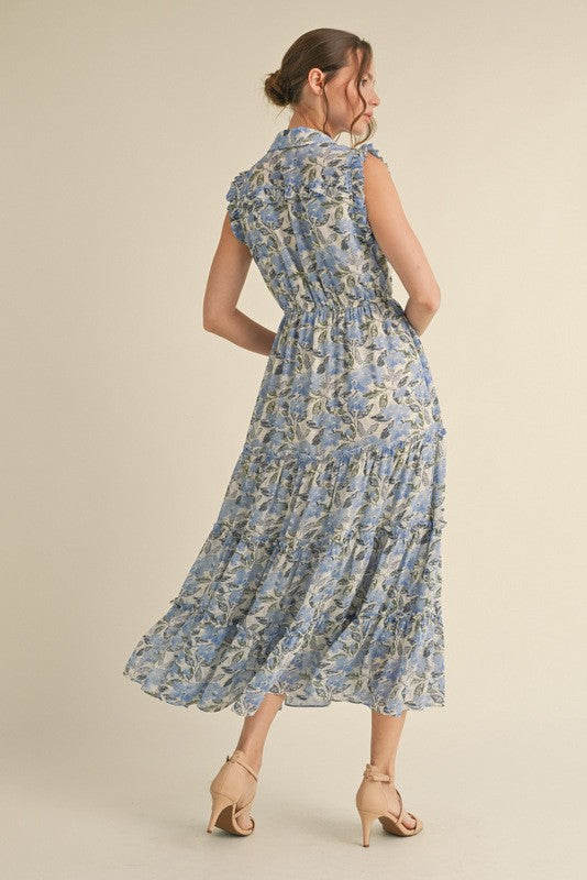 Blue Floral Print Chiffon Tiered Maxi Dress