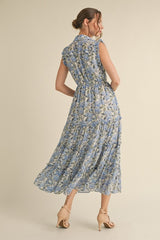 Blue Floral Print Chiffon Tiered Maxi Dress