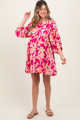 Fuchsia Print 3/4 Balloon Sleeve Maternity Dress