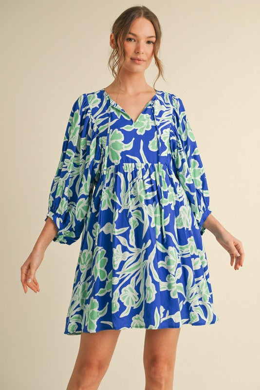 Royal Blue Print 3/4 Balloon Sleeve Dress