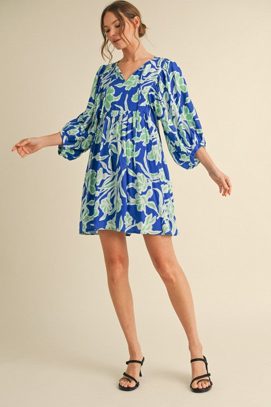 Royal Blue Print 3/4 Balloon Sleeve Dress