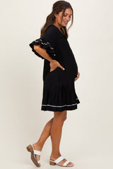 Black Solid Short Sleeve Pocketed Maternity Dress