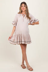 Beige Solid Short Sleeve Pocketed Maternity Dress
