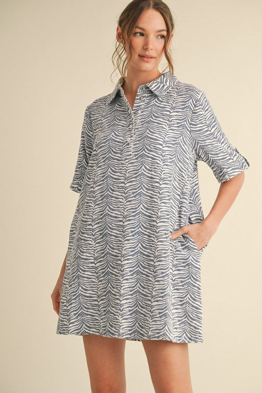 Blue Zebra Print Pocketed Mini Dress