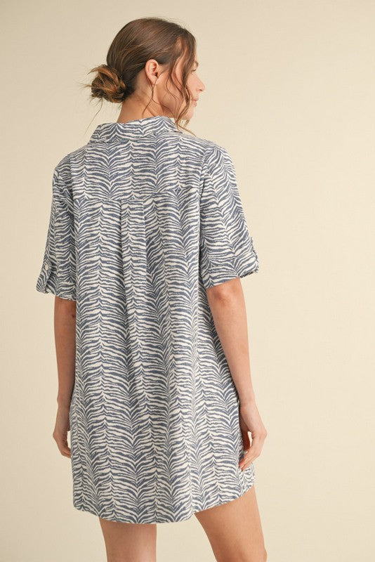 Blue Zebra Print Pocketed Mini Dress