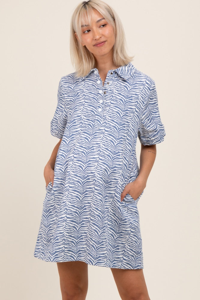 Blue Zebra Print Pocketed Maternity Mini Dress