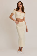Cream Knit Off Shoulder Crop Top Maxi Skirt Set