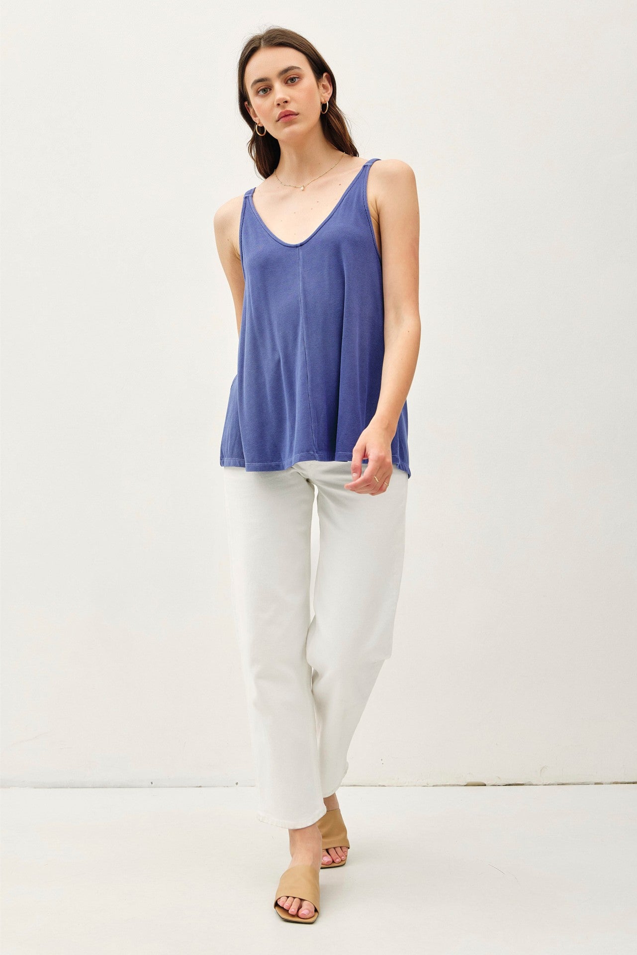 Navy Blue Ribbed V-Neck Flowy Tank