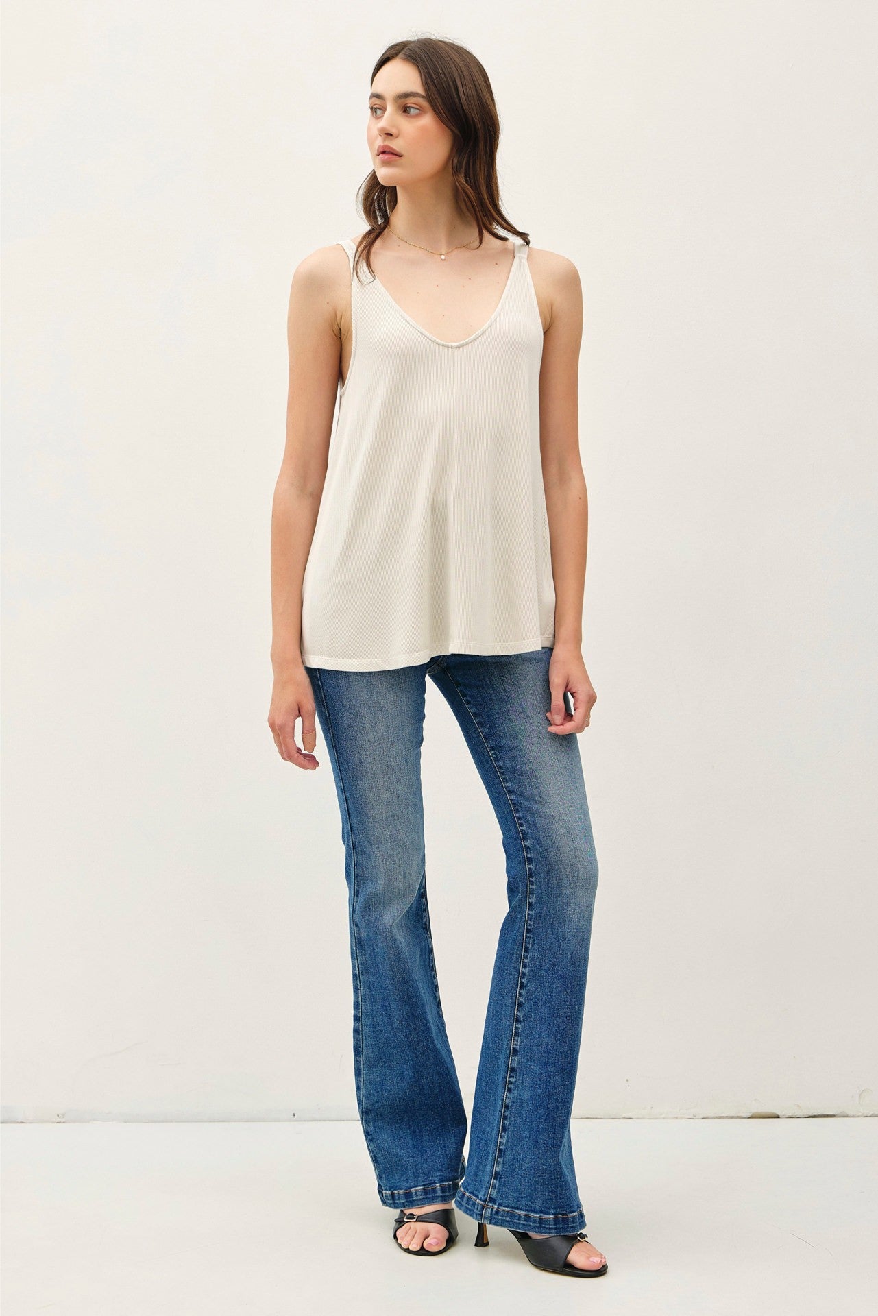 Cream Ribbed V-Neck Flowy Tank