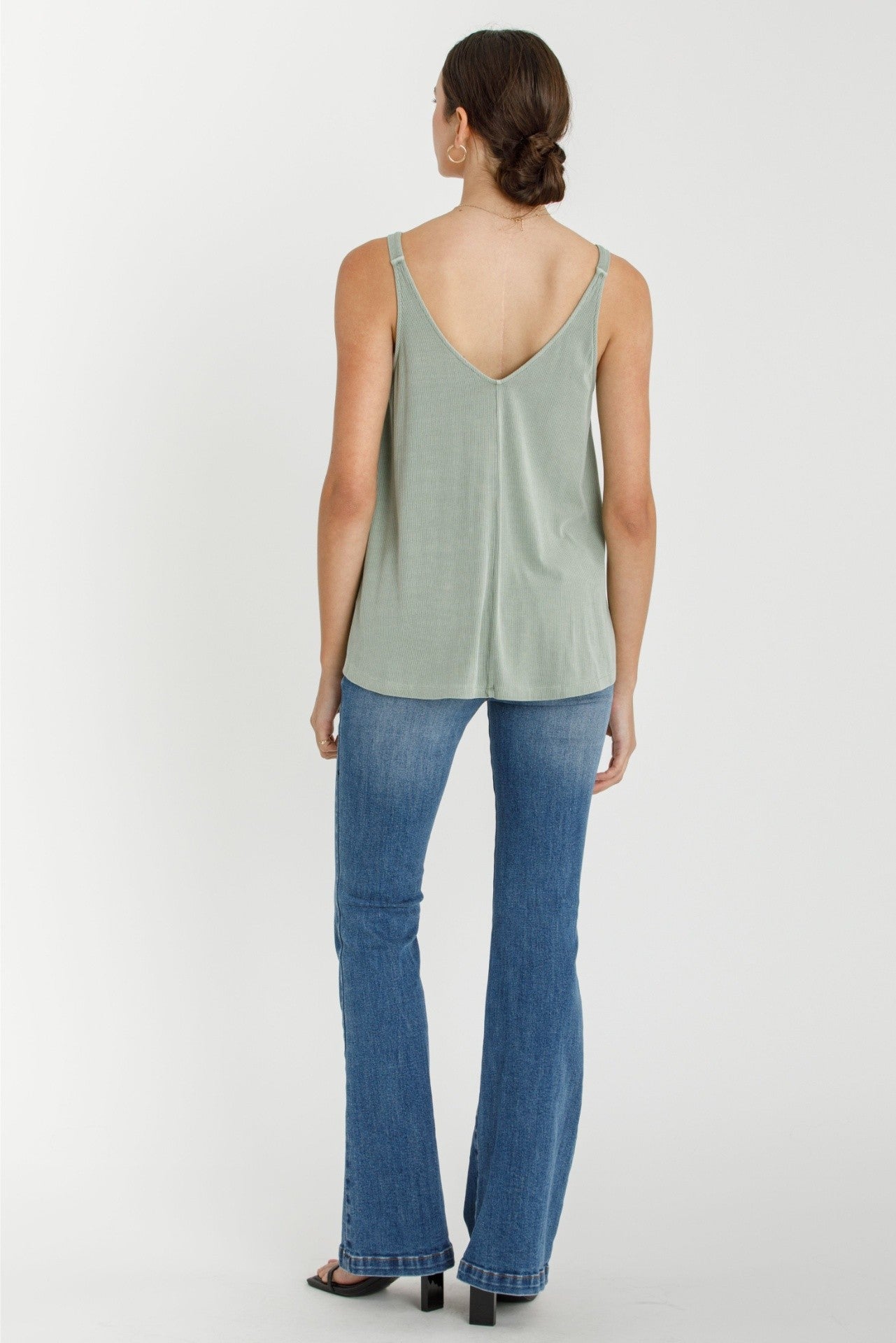 Light Olive Ribbed V-Neck Flowy Tank