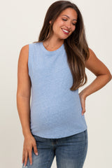 Light Blue Basic Crew Neck Maternity Tank