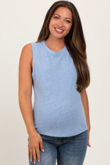 Light Blue Basic Crew Neck Maternity Tank