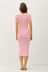 woman wearing a fitted red and white striped midi dress with short sleeves, shown from the back