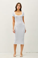 Blue Striped Square Neck Short Sleeve Maternity Midi Dress