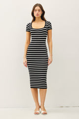 Black Striped Square Neck Short Sleeve Maternity Midi Dress