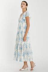 Light Blue Floral Flutter Sleeve Tiered Maxi Dress