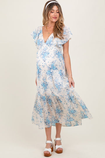 Light Blue Floral Flutter Sleeve Tiered Maternity Maxi Dress