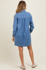 Blue Denim Heart-Pocket Maternity Shirt Dress