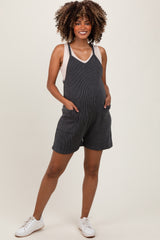 Black Solid Ribbed V-Neck Sleeveless Front Pocket Maternity Romper