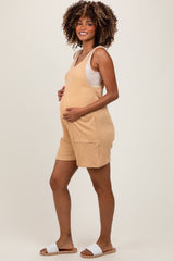 Gold Solid Ribbed V-Neck Sleeveless Front Pocket Maternity Romper
