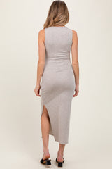 Beige Solid Ribbed Sleeveless Slit Maternity Maxi Dress