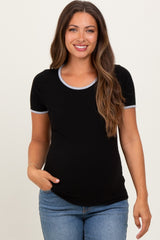 Black Solid Ribbed Short Sleeve Basic Maternity Top
