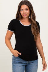 Black Solid Ribbed Short Sleeve Basic Maternity Top