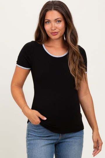 Black Solid Ribbed Short Sleeve Basic Maternity Top
