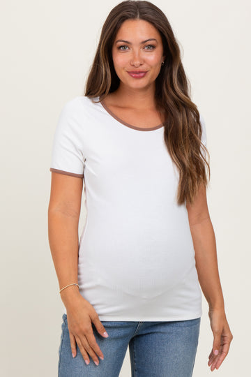 Ivory Solid Ribbed Short Sleeve Basic Maternity Top