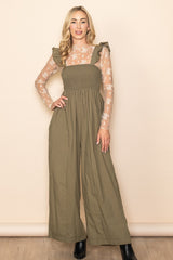 Olive Ruffle Strap Smocked Wide Leg Jumpsuit