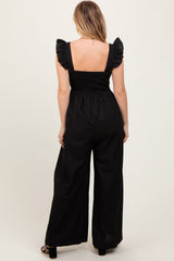 Black Ruffle Strap Smocked Wide Leg Jumpsuit