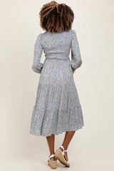 Light Blue Floral Smocked Bubble Sleeve Maternity Midi Dress