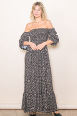 Black Floral Smocked Off Shoulder Maxi Dress