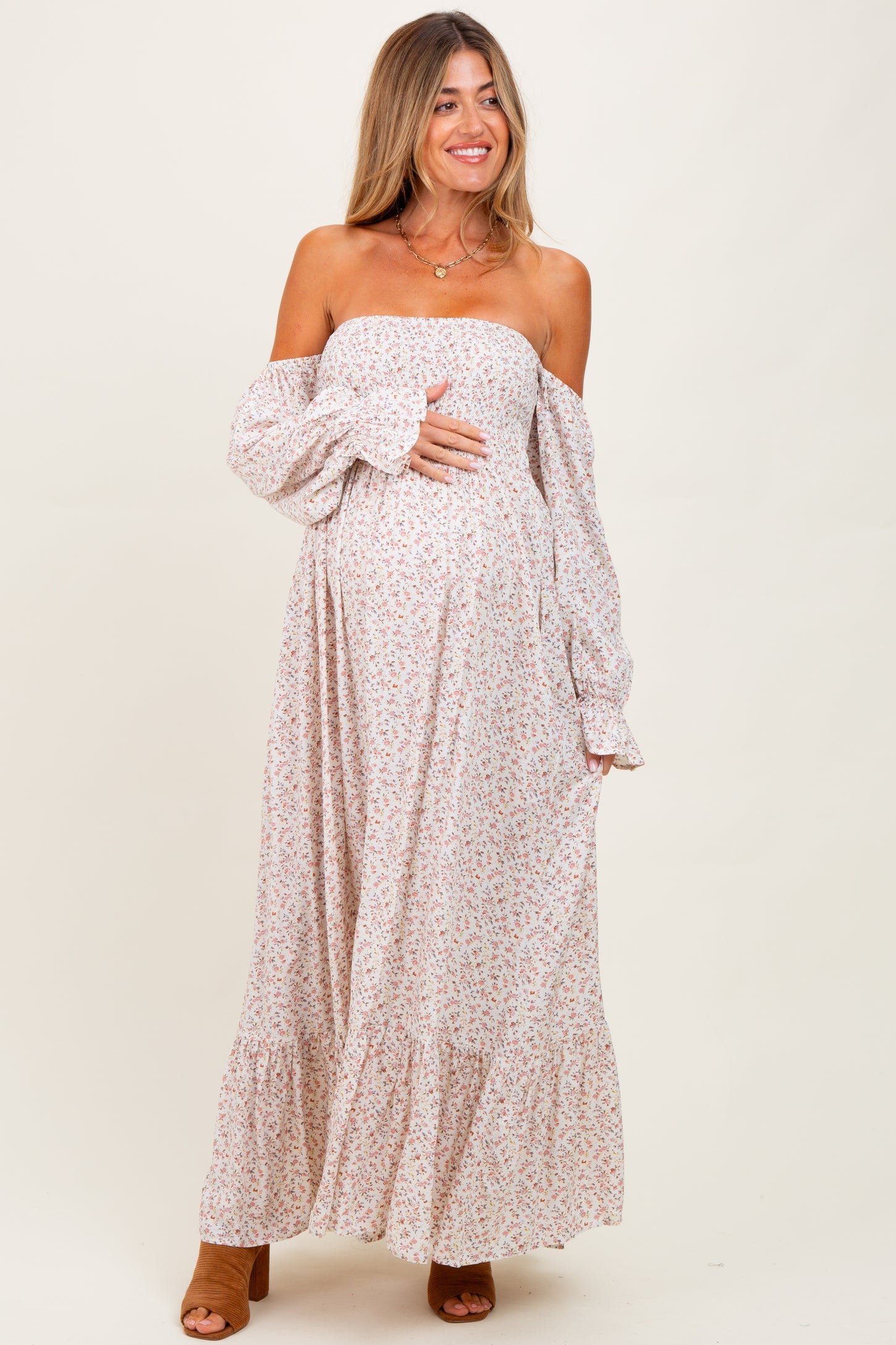 Cream Floral Smocked Off Shoulder Maternity Maxi Dress