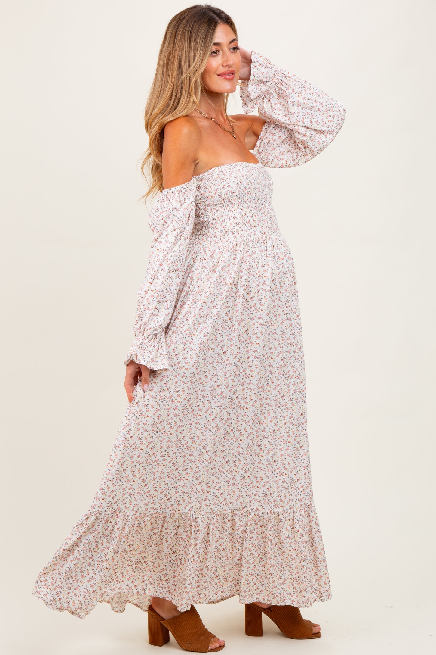 Cream Floral Smocked Off Shoulder Maternity Maxi Dress
