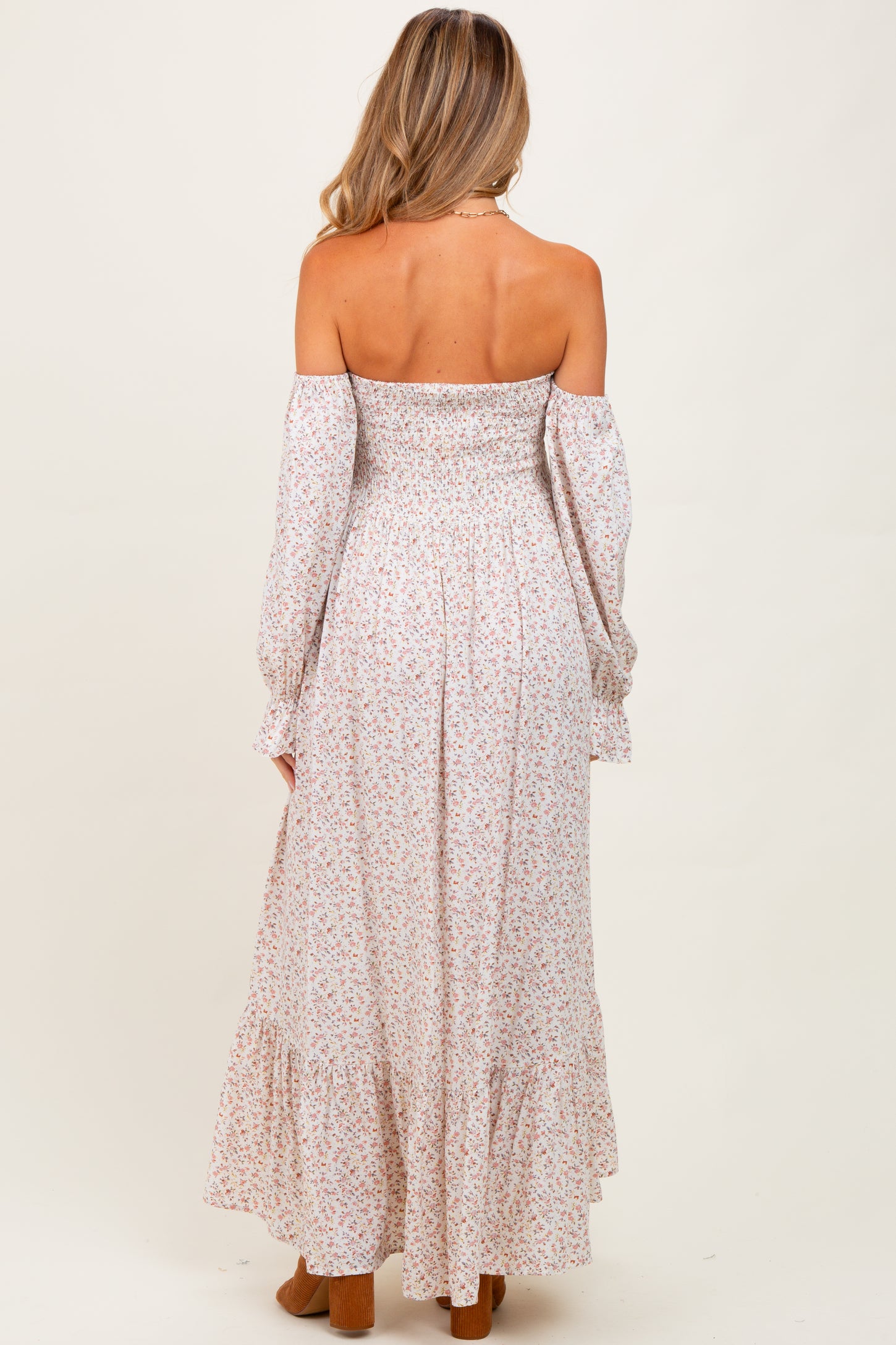 Cream Floral Smocked Off Shoulder Maternity Maxi Dress