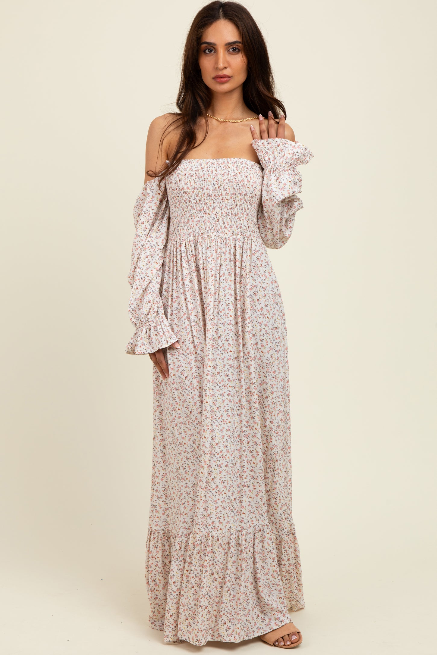 Cream Floral Smocked Off Shoulder Maxi Dress