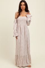 Cream Floral Smocked Off Shoulder Maxi Dress