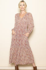 Burgundy Floral Smocked Waist Maternity Maxi Dress