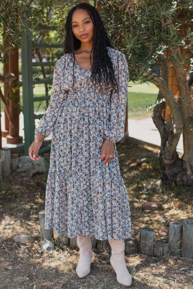 Blue Floral Smocked Waist Maxi Dress
