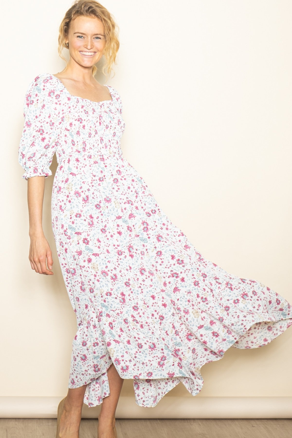 Ivory Floral Smocked Handkerchief Hem Maxi Dress