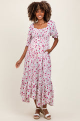 Ivory Floral Smocked Handkerchief Hem Maternity Maxi Dress