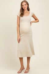 Cream/Black Short Cap Sleeve Tie Back Sweater Maternity Midi Dress