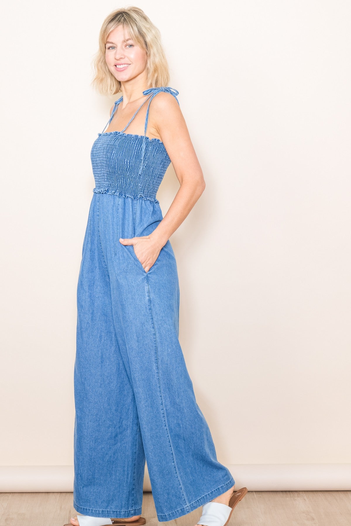 Blue Chambray Shoulder Tie Smocked Jumpsuit