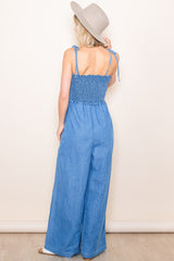 Blue Chambray Shoulder Tie Smocked Jumpsuit