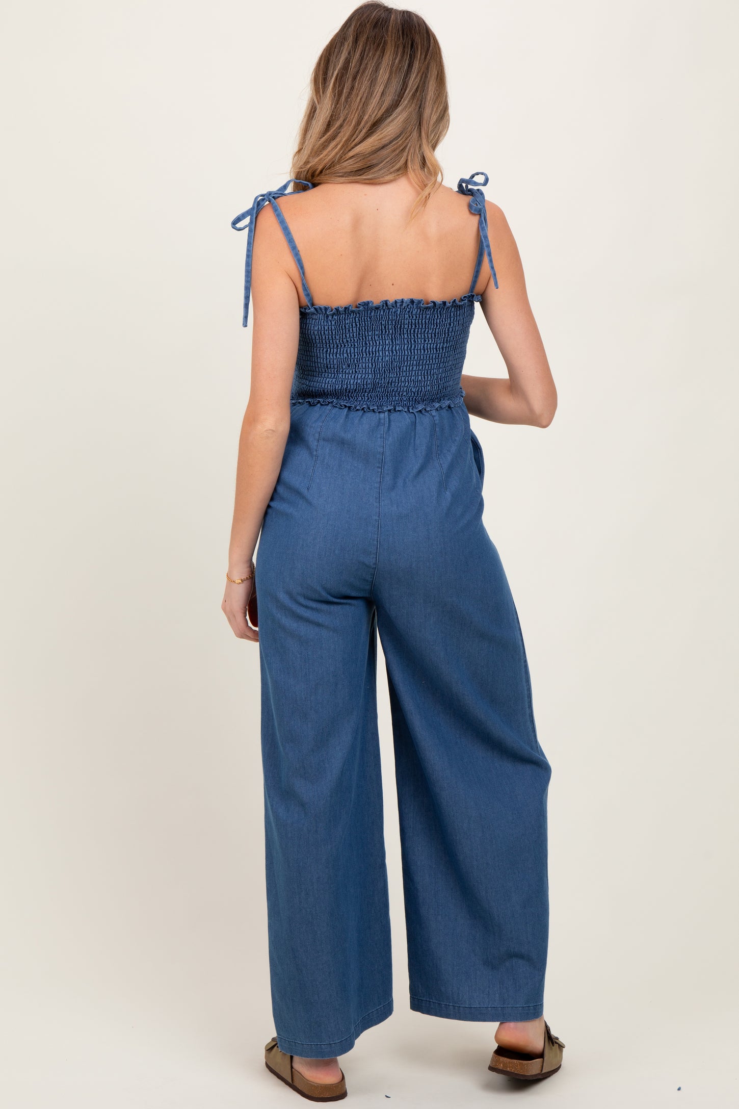 Blue Chambray Shoulder Tie Smocked Maternity Jumpsuit