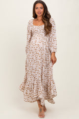 Ivory Floral Smocked Handkerchief Hem Maternity Maxi Dress