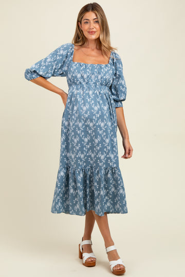 Blue Floral Back Cutout Ribbon Tie Maternity Maxi Dress