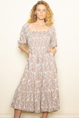 Light Taupe Floral Back Cutout Ribbon Tie Maxi Dress