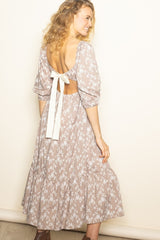 Light Taupe Floral Back Cutout Ribbon Tie Maxi Dress